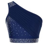 CHICTRY Crop Top da Danza di Ventre per Donna Reggiseno con Volant con Una Spalla Paillettes Canotta Canottiera Senza Manica Tank Top da Ballo Latino Jazz Blu Scuro S