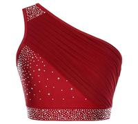 CHICTRY Crop Top da Danza di Ventre per Donna Reggiseno con Volant con Una Spalla Paillettes Canotta Canottiera Senza Manica Tank Top da Ballo Latino Jazz Borgogna S