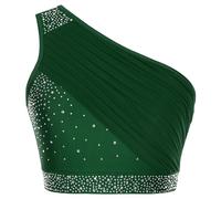 CHICTRY Crop Top da Danza di Ventre per Donna Reggiseno con Volant con Una Spalla Paillettes Canotta Canottiera Senza Manica Tank Top da Ballo Latino Jazz Verde S