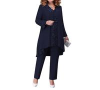 CHICTRY Donna Abito da Cerimonia Elegante Camicia Blusa Cardigan a Maniche Lunghe + Canotta in Chiffon + Pantaloni Lunghi Vestito da Sera per Mamma della Sposa A Blu Scuro XXL