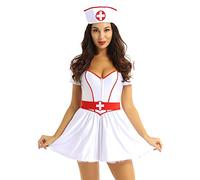 CHICTRY Donne Infermiera Uniforme Vestito Operato Abito Manica Corta e Cappello Abito Gioco di Ruolo Biancheria Intima Bianco L
