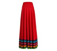 CHICTRY Maxigonna di Danza del Ventre Donna Gonna a Ruota Intera Gonne Lunghe con Strisce Colorate Gonna da Flamenco Tango Ballo da Sala Danza Folcloristica Rosso 87 cm L