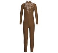 CHICTRY Tuta da Ginnastica a Maniche Lunghe per Bambina e Ragazze Body da Pattinaggio Artistico Strass Leotards da Danza Balletto Pagliaccetto Jumpsuit One Piece Marrone 5-6 anni