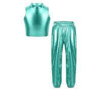 CHICTRY Tuta da Ginnastica Artistica Lucida Metallizzata per Bambina Gilet Senza Maniche Color Block Crop Top e Pantaloni Lucidi Completo da Ballo Jazz Hip Hop Blu A 11-12 Anni
