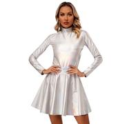 CHICTRY Tuta da Ginnastica Donna Effetto Bagnato Body da Danza a Maniche Lunghe Leotards + Gonna Svasata Minigonna Lucida Abito da Jazz Ballo Hip Hop Clubwear Argento M