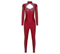CHICTRY Tuta Intera per Pattinaggio Artistico Donna con Strass Jumpsuit Aderente a Manica Lunga Leotards Body Danza Classica Moderna Body da Balletto Dancewear Borgogna S