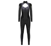 CHICTRY Tuta Intera per Pattinaggio Artistico Donna con Strass Jumpsuit Aderente a Manica Lunga Leotards Body Danza Classica Moderna Body da Balletto Dancewear Nero S