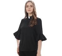 Chierici Camicia per le Donne Chiesa 3/4 Increspature Flare Manica Top Rotondo Coda Chiesa Sacerdote Camicetta con Tab Collare, Nero, 4XL