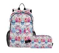 CHIFIGNO Acquerello Teschi e Fiori 2 Pz Zaino Set Bambini Schoolbag Cute Back Pack con Lunch Box