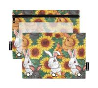 CHIFIGNO Astuccio a 3 anelli con coniglietti su girasoli, grazioso astuccio per matite con finestra trasparente, per bambini, adolescenti, ragazze, adulti, studenti, 2 pezzi