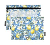 CHIFIGNO Astuccio a 3 anelli con motivo floreale giallo e limoni bianchi, confezione da 2 organizer per matite con finestra trasparente per organizer quotidiano da ufficio