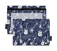 CHIFIGNO Astuccio blu a 3 anelli con chitarre e fulmini, astuccio per matite con finestra trasparente per riporre articoli da ufficio, 2 pezzi