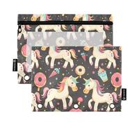CHIFIGNO Astuccio carino con unicorni e ciambelle, 3 anelli, con finestra trasparente, per forniture per ufficio e università, 2 pezzi