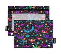 CHIFIGNO Astuccio colorato con pipistrelli galassia fluo con 3 fori per raccoglitori con finestra trasparente con cerniera astuccio per matite per il rientro a scuola, 2 pezzi