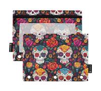 CHIFIGNO Astuccio colorato messicano con teschi di zucchero con 3 fori per raccoglitori con finestra trasparente, forniture per ufficio per ufficio, 2 pezzi