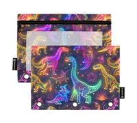 CHIFIGNO Astuccio con 3 fori per raccoglitore, dinosauri colorati al neon, confezione da 2 astucci con finestra trasparente, scatola per matite per il rientro a scuola