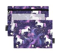 CHIFIGNO Astuccio con 3 fori per raccoglitore, motivo unicorni viola, confezione da 2 graziosi astucci con finestra trasparente, per organizer quotidiano in ufficio