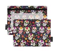 CHIFIGNO Astuccio con 3 fori per raccoglitore, teschi colorati e fiori, grazioso astuccio con finestra trasparente, articoli per il rientro a scuola, confezione da 2