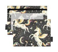 CHIFIGNO Astuccio con unicorni bianchi con stelle, astuccio a 3 anelli, confezione da 2 astuccio con cerniera con finestra trasparente per il rientro a scuola