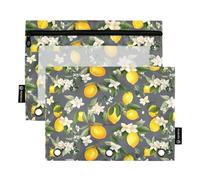 CHIFIGNO Astuccio per matite a 3 anelli, fiori bianchi e frutti di limone, confezione da 2 astucci per matite con finestra trasparente, astuccio con cerniera per forniture per ufficio