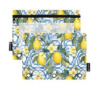 CHIFIGNO Astuccio per matite a 3 anelli, stile siciliano, giallo limoni e fiori blu, confezione da 2 astucci con finestra trasparente, astuccio per penne per il rientro a scuola