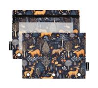 CHIFIGNO Astuccio per matite con 3 anelli, sagoma di conigli, bianco e nero, confezione da 2 astucci con finestra trasparente, astuccio per cosmetici per forniture per ufficio, Animali del bosco Cervi