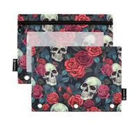 CHIFIGNO Astuccio per matite con 3 anelli, teschi divertenti e rose rosse, confezione da 2 astucci con finestra trasparente, astuccio con cerniera per organizer quotidiano in ufficio
