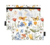 CHIFIGNO Astuccio per matite con fiori selvatici e farfalle, con 3 anelli, confezione da 2 astucci con finestra trasparente, per ufficio e università