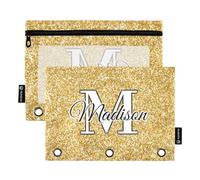 CHIFIGNO Astuccio personalizzato con 3 anelli per matite con finestra trasparente, forniture per ufficio personalizzate per ufficio e università, confezione da 2, Glitter dorato, Taglia unica