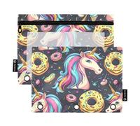 CHIFIGNO Astuccio portamatite carino con unicorni e ciambelle, con 3 fori per raccoglitore, con finestra trasparente, per bambini, adolescenti, ragazze, adulti, studenti, 2 pezzi