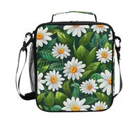 CHIFIGNO Borsa termica per il pranzo con margherite bianche, foglie verdi, portatile, riutilizzabile, tracolla regolabile, per bambini, ragazzi, ragazze, donne, uomini