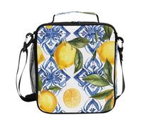 CHIFIGNO Borsa termica per il pranzo in stile siciliano con fiori blu e limoni, con tracolla regolabile, riutilizzabile, per campeggio, viaggi, picnic, scuola