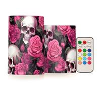 CHIFIGNO Candele senza fiamma con teschi e rose rosa, candele alimentate a batteria, candele a distanza luminosità regolabile per casa, Halloween, decorazioni per feste di Natale, set di 2