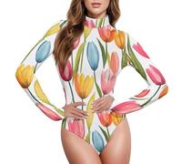 CHIFIGNO Donne Collo Alto Manica Lunga Tuta Acquerello Tulipani Colorato Body Top Donne Pagliaccetti, Acquerello Tulipani Color, Large