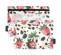 CHIFIGNO Grazioso astuccio con stampa di fragole e mucche, con 3 fori, grazioso astuccio per matite e cosmetici, con finestra trasparente, per forniture per ufficio e università, 2 pezzi