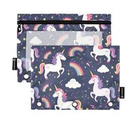 CHIFIGNO Grazioso astuccio con unicorni e arcobaleni, con 3 fori per raccoglitore, astuccio con cerniera, con finestra trasparente, organizer per scuola e ufficio, 2 pezzi