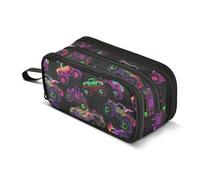 CHIFIGNO Monster Trucks - Astuccio a 3 scomparti, per matite, trucchi, con cerniera, per ufficio e scuola, colore: nero