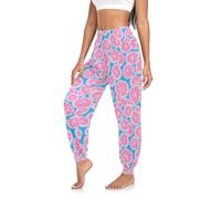 CHIFIGNO Pantaloni da yoga harem da donna blu limone pantaloni hippie harem boho joggers fluidi pantaloni della tuta, Blu Limone, S
