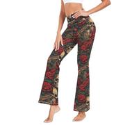 CHIFIGNO Pantaloni da yoga svasati da donna a vita alta Bootcut leggings da yoga V Crossover pantaloni da donna, Teschi vintage e rose rosse, M