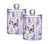 CHIFIGNO Set di 2 barattoli in plastica trasparente con farfalle e fiori di lavanda, barattoli in plastica trasparente, contenitori da bagno per riporre batuffoli di cotone, tamponi di cotone, tamponi