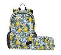 CHIFIGNO Set di 2 zaini in stile siciliano con fiori gialli e fiori blu, per la scuola, per ragazzi, con borsa termica per il pranzo