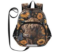 CHIFIGNO Zaino per bambini con guinzaglio, mini zaino da viaggio, borsa scuola prescolare, Mucca delle Highlands Blu Giallo Girasoli, Medio, Carino, Mucca delle Highlands Blu Giallo Girasoli, M