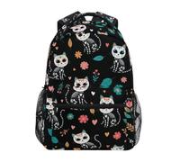 CHIFIGNO Zaino per la scuola per ragazzi e ragazze, con motivo floreale con gatti, colore: nero, da viaggio, per computer portatile, Gatti Scheletro Flore, S