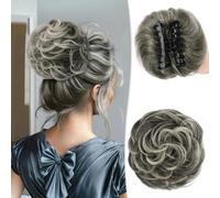 Chignon, Chignon grande spettinato con fermaglio for capelli umani, estensioni for capelli ricci e ondulati Donna(Gray)
