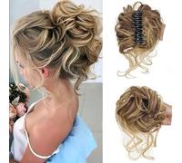 Chignon con clip, capelli mossi e ricci, extension sintetiche con clip, chignon arricciato, capelli ricci per donne (B)
