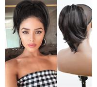 Chignon, Parrucca corta liscia europea alla moda con clip for coda di cavallo facile da modellare(Dark brown)