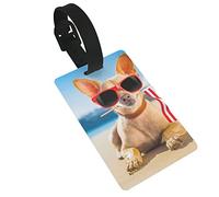 Chihuahua Dog at The Ocean Shore Beach con occhiali da sole rossi divertenti 2 pezzi etichette per bagagli, anello per etichetta identificativa per la privacy e scheda di indirizzo per valigia da vi