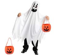 Children's Ghost Costume, costume fantasma per bambini, costume da fantasma, costume di Halloween per bambini, modello bianco spooky dress up con borsa di zucca per ragazzi e ragazze, Halloween