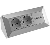 ChiliTec Ciabatta elettrica angolare a 2 prese, 2 prese USB, 230 V, montaggio ad angolo per piano di lavoro, cucina, officina, argento