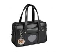 Chillpaper Grande borsa a tracolla giapponese, borsa tote in ecopelle kawaii con pompon leopardato rosa (A3 di grandi dimensioni, finestra nera a forma di cuore), nero, Large